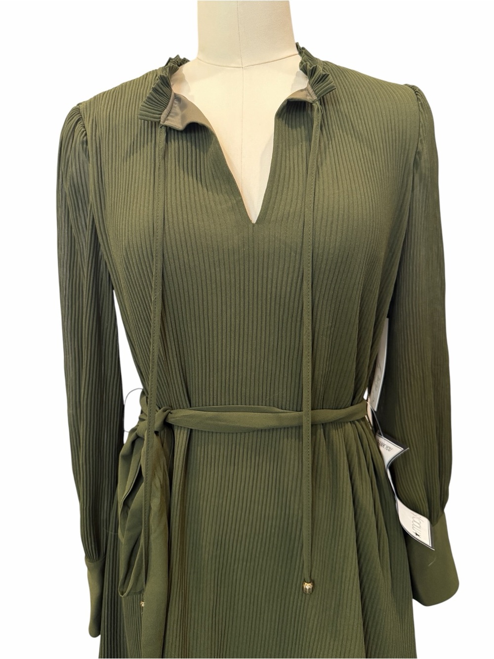 Eliza J Pleated Tie Waist Shift Dress Long Sleeve Split Neck Olive Green 6 NWT - Picture 8 of 14